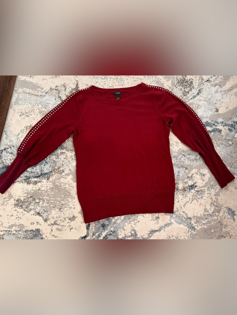 Alfani Women's Burgundy Crewneck Sweater with Pearl-Trim Sleeves